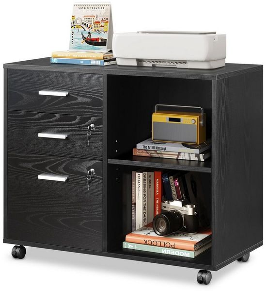 DEVAISE Aktenschrank Rollcontainer mit 3 abschließbaren Schubladen & offenem Fach, (80×40×63 cm) mobiler Aktenschrank auf Rollen, Hängeregistratur Letter