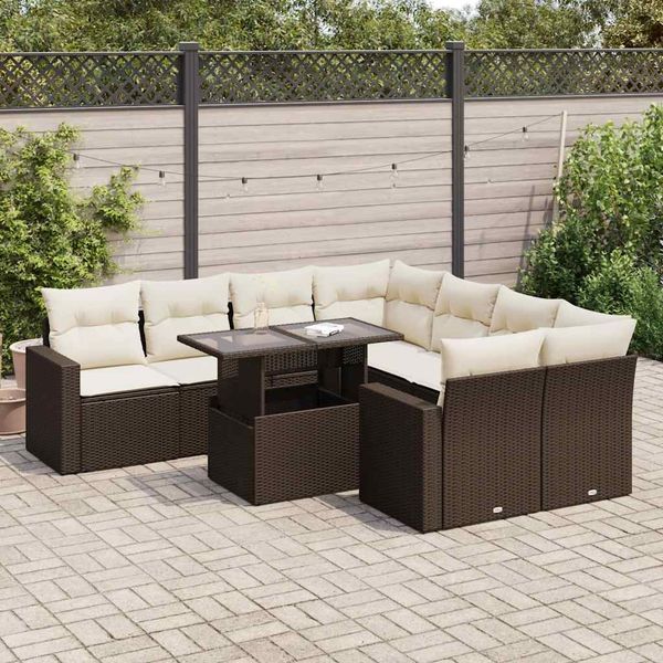 vidaXL 9-tlg. Garten-Sofagarnitur mit Kissen Braun Poly Rattan 3326294