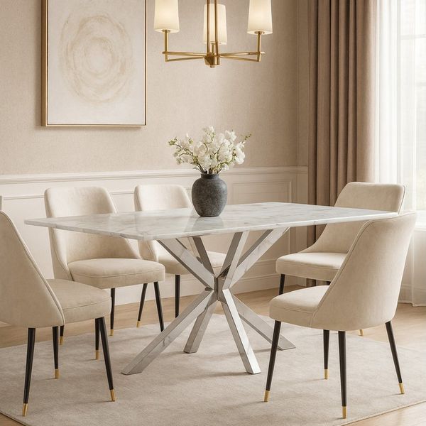 alesvelt Esstisch Terni mit edlen Edelstahlbeinen Glas/Marmoroptik Tischplatte 180cm (1-Tisch), 180 x 100 x 76 cm