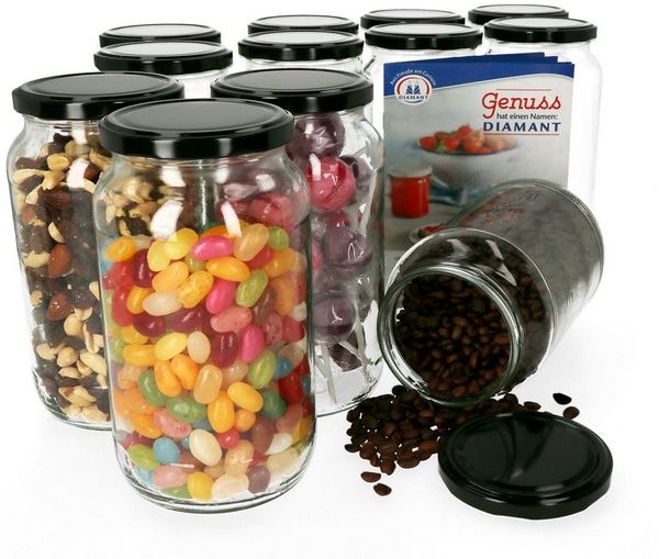 MamboCat Einmachglas 12er Set Rundglas 1062 ml To 82 Schwarzer Deckel incl. Rezeptheft, Glas