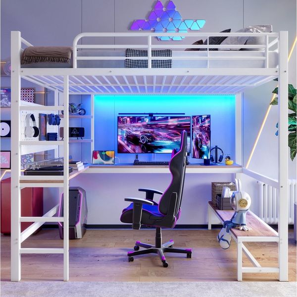 MODFU Kinderbett mit LED-Leiste, USB-/Type-C-Steckdose (Hochbett mit stabilem Eisenrahmen, Schreibtisch, Lochbrett, Leiter & Ablagen, Metallbett 140x200cm), ohne Matratze