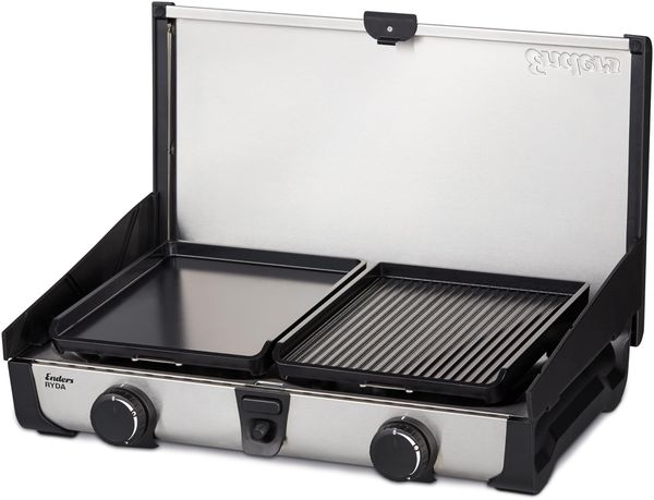Enders Ryda 2Z GP, Gaskocher mit Zündsicherung, 2-flammig, Edelstahlbrenner 2x2,3 kW, klein und kompakt, inkl. Grillplatte, Gasschlauch und Windschutz, Campinggrill, #1883
