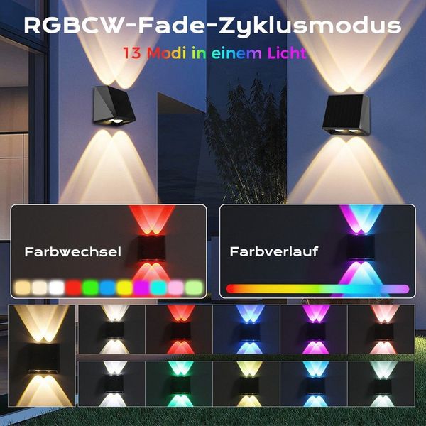 Quntis LED Solarleuchte 2/4/8 Stück Solarleuchte Warmweiß/Bunt, Gartenleuchten für außen, Außenbeleuchtung, LED wechselbar, RGBW /Warmweiß, Kaltweiß, Neutralweiß, Solar Wandleuchte mit 13 Beleuchtungsmodi – Oben und Unten beleuchtet