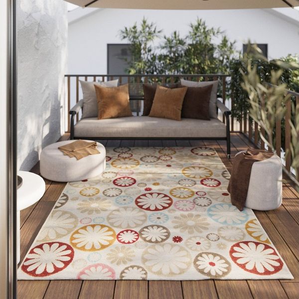 Wecon home Outdoorteppich Flowerdrops, rund, Höhe: 5 mm, für Innen & Außen, strapazierfähig, pflegeleicht, Hoch-Tief Effekt