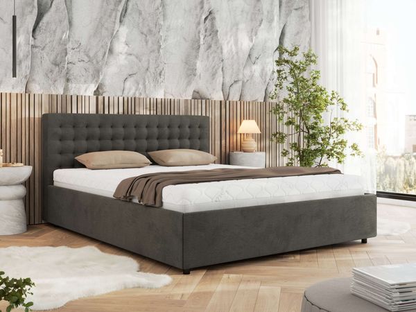 Polsterbett mit Holzlattenrost Doppelbett PAVO CLASSIC, hohe Kopfteil, Bettkasten mit Gasdruckfeder - 140 x 200 cm - Dunkelgrau Velvet