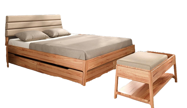 Bett Swig 2 Sonderlänge 160x210 Kernbuche massiv Polsterkopfteil Beige Holzbeine