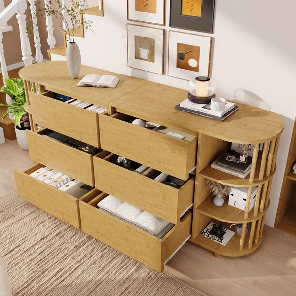 Sideboard 160 x 40 x 75 cm in Eicheoptik, MDF mit Bambusregalen, 6 Schubladen, höhenverstellbare Füße