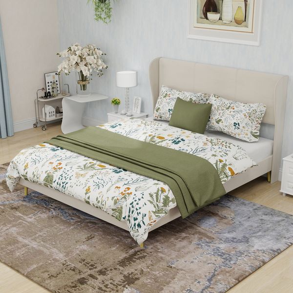 Flieks Polsterbett 140x200cm, Doppelbett mit weicher Kopfteil, Bettbeine aus Holz, Samt, Beige