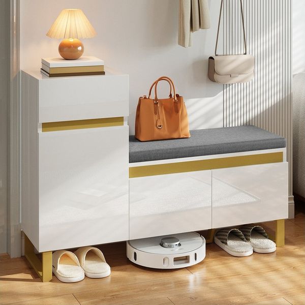 Merax Schuhschrank mit zweifarbiges Design und goldenen Details (1-St, 120×35×85 cm) Schuhregal mit integrierter Sitzbank, Schublade und offenem Fach