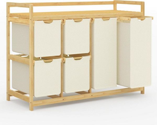 LuxusKollektion Wäschesortierer Wäschekorb 6 Fächer Wäschesortierer Wäschesäcke Bambus Beige