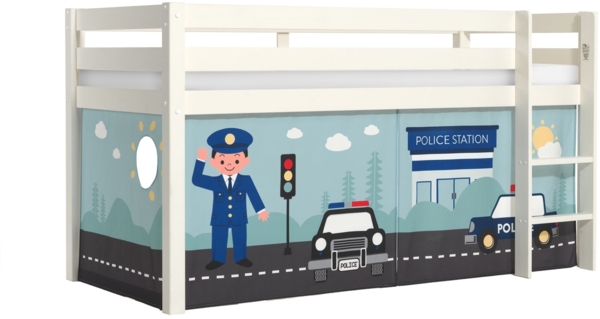 Kinderbett Karolina 210x114x106 Massivholz Weiß Textilset Polizei