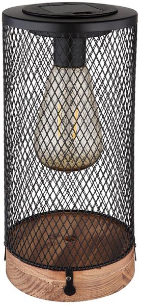 LED Solar Tischleuchte, Holz, Metallgitter schwarz, H 25,5 cm