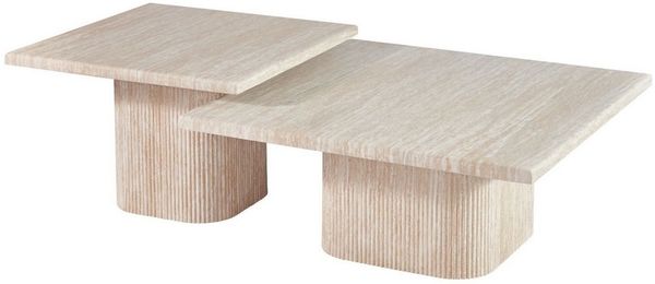 alesvelt Couchtisch Set Alviano Travertin Tischplatten mit edlem Sockel im Säulenstil 90cm (2-er Set), 90X90X38 CM + 70X70X45 CM
