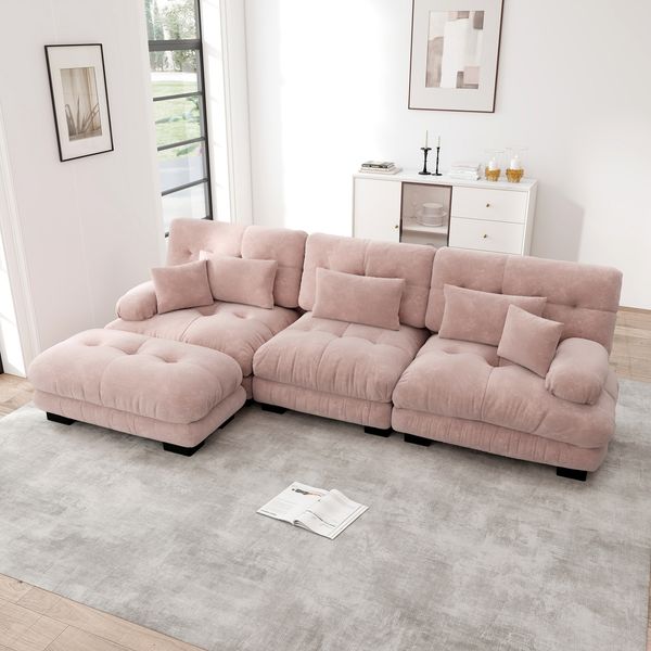 Flieks 3-Sitzer Ecksofa, Modular Cloud Schlafsofa aus Chenille mit 3 Lenden- & 2 Dekokissen, breiten Armlehnen & Ottoman, Rosa