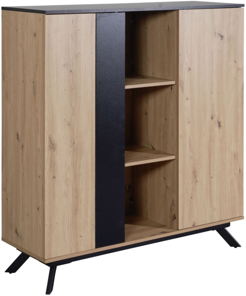 Highboard 110x125x40 cm MDF Sideboard in Eiche-Dekor / Schwarz, Kommode mit 2 Türen, Kommodenschrank mit Regal, Flurschrank Modern, Standschrank Anrichte mit Metallbeine