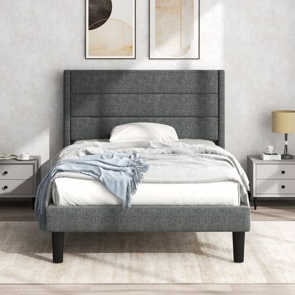 Flieks Polsterbett, Holzbett Einzelbett mit Lattenrost Leinen 90x200cm