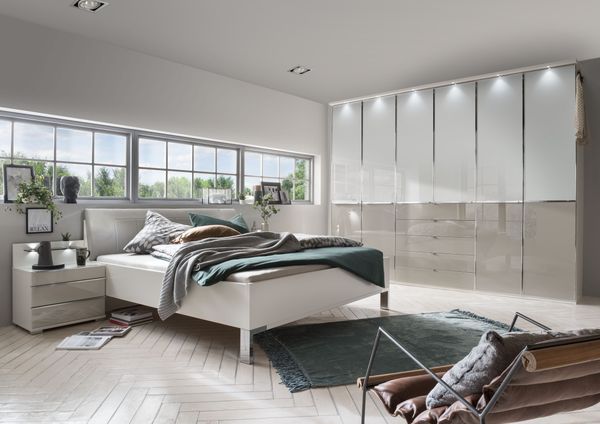 Schlafzimmer Sentara in Weiß und Kieselgrau 4-teilig mit Glasfronten – teilmontiert, hochwertig, luxuriös, Eleganz, Komfort & Qualität für Ihr Zuhause – in zwei Schrankbreiten wählbar - 4 teilig , Drehtürenschrank 300cm Breite