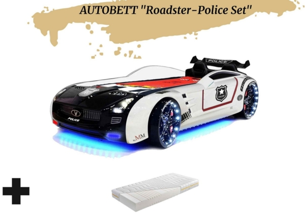 Autobett Kinderbett "Roadster Police" LED Sound Sportsitze Lattenrost Spoiler 90x190 cm Creativ Fresh Plus H2, ohne Bettwäsche, ohne Wandregal