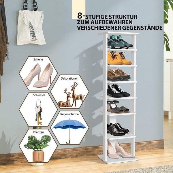 COSTWAY Schuhregal aus Holz, Schuhstaender 8-stoeckig, Schuh-Organizer vertikal, Lagerregal weiss