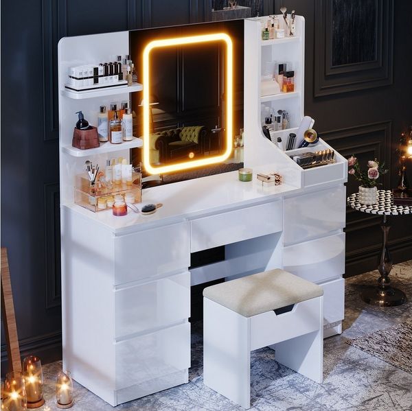 HOMALL Schminktisch Eingebaute LED-Beleuchtung, einstellbare Helligkeit, mit 7 Schubladen (GroBe 110*40*139cm Bestes Geschenk fur Ehefrau/Tochter ostern geschenke)