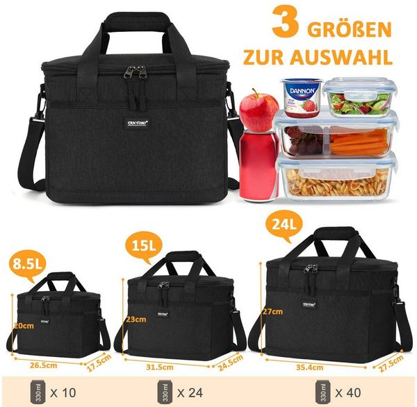 CALIYO Thermobehälter Kühltasche Faltbar Thermobehälter für Essen mit Reißverschluss, Polyethylen (PE), (Faltbar aus wassedichtem Material für Arbeit, Schule und Picknick), 8.5L /15L / 24L (Grau/Schwarz)