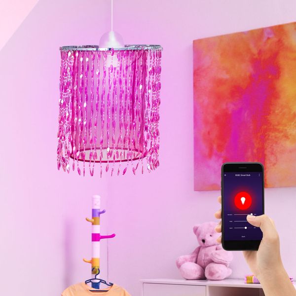 RGB LED Hängeleuchte, Kristalle pink, App-/Sprachsteuerung