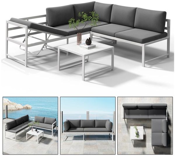 Melko Gartenlounge-Set Ecksofa Liegefunktion Aluminium Sitzgruppe wetterfest Ecklounge Weiß, (Set, 3-tlg, 2 Sofa, 1 Tisch, 11 Auflagen), Liegefunktion durch verstellbare Rückenlehne