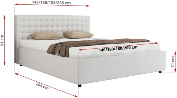 Polsterbett mit Holzlattenrost Doppelbett PAVO CLASSIC, hohe Kopfteil, Bettkasten mit Gasdruckfeder - 200x200 cm - Weiß Kunstleder Bild 7