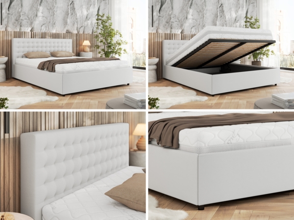 Polsterbett mit Holzlattenrost Doppelbett PAVO CLASSIC, hohe Kopfteil, Bettkasten mit Gasdruckfeder - 200x200 cm - Weiß Kunstleder Bild 2