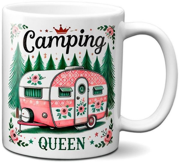 TASSENKING Tasse, Camping Queen Tasse mit Wohnwagen Motiv (weiß)