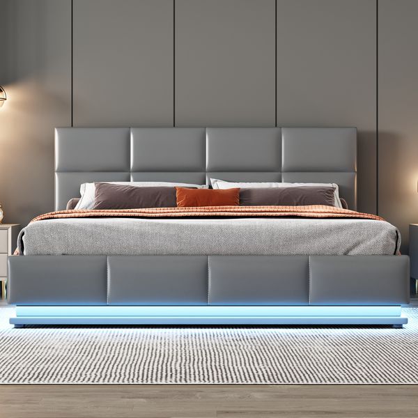 Polsterbett 160x200 cm mit Bettkasten & LED, kunstlederbezogenes Doppelbett, hydraulischer Doppelhub, Metallattenrost,Grau