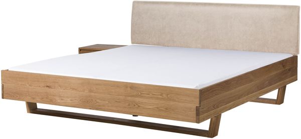 Bett mit Nachttisch links Eiche 160x200x85 natur geölt, Kopfteil beige FICHTELBERG #150
