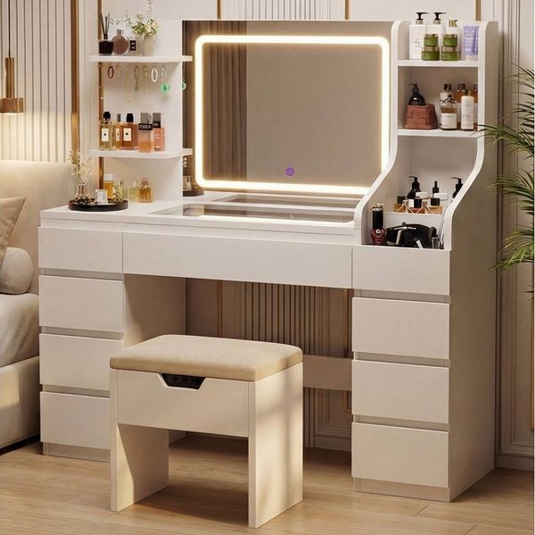 Furnicopia Schminktisch Großer Schminktisch mit LED-Beleuchtung, dimmbar, mit viel Stauraum (Maße: 135 × 40 × 137 cm, Arbeitsplatte aus gehärtetem Glas, mit 7 offenen Ablagefächern + 9 Schubladen, 2 Steckdosen + 1 USB-Anschluss + 1 Typ-C-Anschluss, Hal...