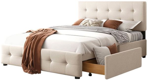 Merax Polsterbett 140x200cm mit höhenverstellbarem Kopfteil und 4 Schubladen (2-tlg), Doppelbett mit Lattenrost und Samtbezug, Funktionsbett, Stauraumbett