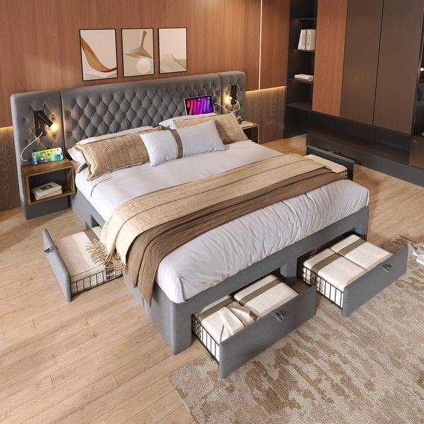 Polsterbett 180x200 cm mit 4 Schubladen, 2 Nachttischen, LED-Leselampen & USB/Type-C Ladeanschluss, Samt Grau