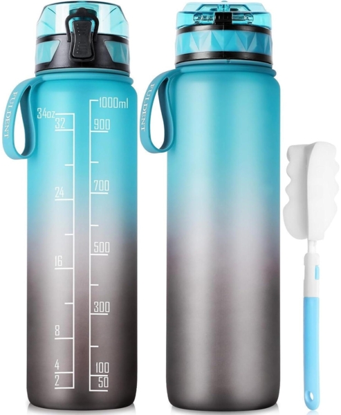 Trinkflasche 1L Sport Wasserflasche BPA-frei rutschfest Gummi Grip Blau-grau Bild 1