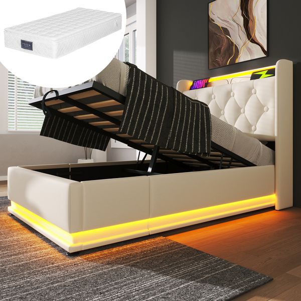 Polsterbett 90×200 cm mit hydraulischem Bettkasten, LED, USB-C, PU-Leder Weiß inkl. Matratze