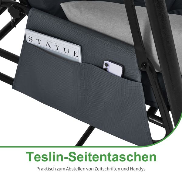 M MCombo 3-Sitzer Hollywoodschaukel mit Liegefunktion, Extradickem Sitzkissen & Silent-Haken, Schaukelbank Outdoor Wetterfest 4071 (Dunkelgrau) Bild 7