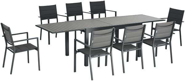 Gartenmöbelset mit ausziehbarem Tisch (135–270 cm) aus Aluminium und Textilene, für 6–10 Personen, 8 stapelbare Stühle, grau