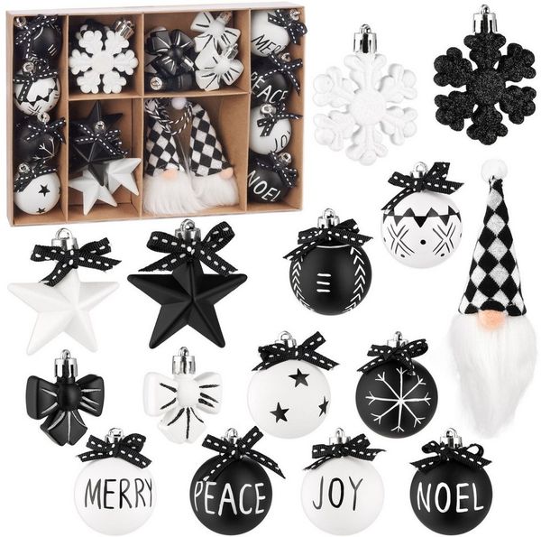 BRUBAKER Weihnachtsbaumkugel 24 Stück Christbaumschmuck Black and White - Weihnachtskugel Set (70 St), Wichtel, Schneeflocken, Merry, Peace, Joy und Noel Baumkugeln