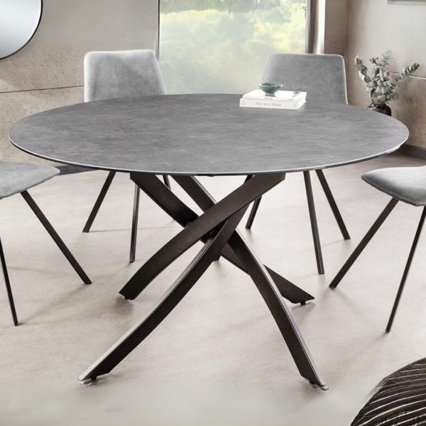 Design Esstisch AMICA 120cm anthrazit Beton-Optik Keramik schwarzes Metall-Gestell