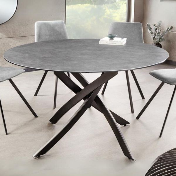 Design Esstisch AMICA 120cm anthrazit Beton-Optik Keramik schwarzes Metall-Gestell