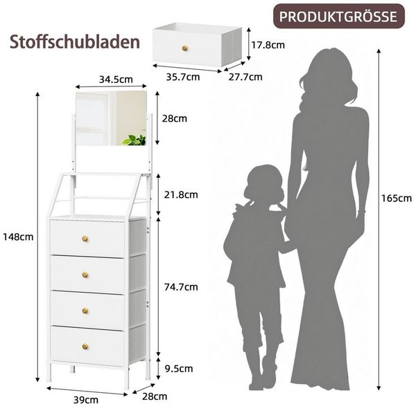 OYRREU Schminkschrank mit Spiegel, 4 Stoffschubladen, 147 cm hohe Kleiderkommode (2-in-1 Spiegel-Kommode) platzsparendes Hochdesign, kippsicher