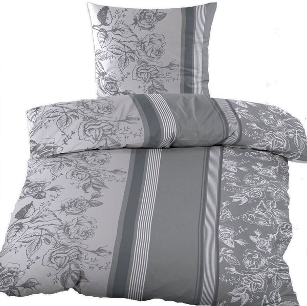 KH-Haushaltshandel Bettwäsche 2-tlg. Baumwoll Biber Winter Bettwäsche 135x200+80x80cm Blüten, Biber, 2 teilig, grau hellgrau, flauschig weiche, warme Winterbettwäsche