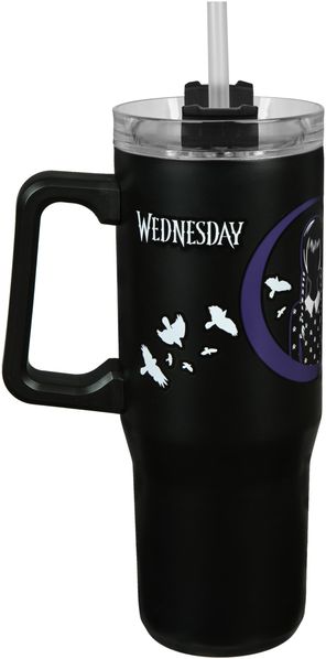 Undercover - Wednesday Isolierbecher mit Strohhalm - 880ml Fassungsvermögen - Edelstahl Trinkbecher mit Handgriff - BPA frei, Schwarz