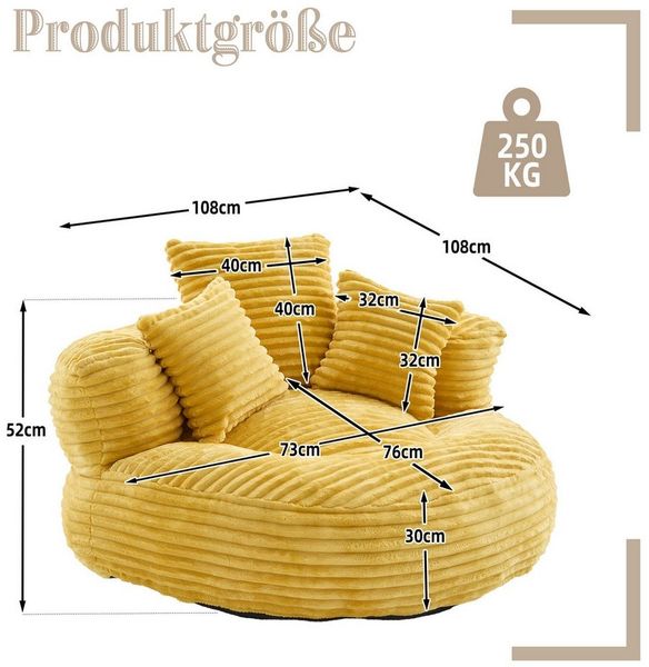 Celya Sitzsack Lazy Sofa Gaming Sofa Stuhl mit drei Kissen,hoch Rücken Cordstoff-Sofa (1 Sitzsack, 3 Kissen), Couch fur Erwachsene und Kinder,fur Schlafzimmer und Büro,Gelb