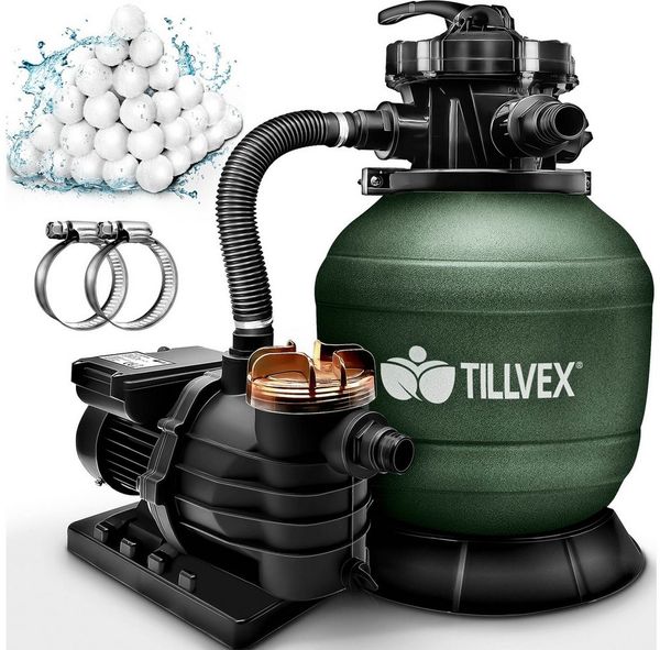 tillvex Sandfilteranlage 10 m³/h Filteranlage + 800g Filterbälle 7-Wege Ventil Poolfilter, Filterkessel mit Druckanzeige Sandfilter für Pool und Schwimmbecken