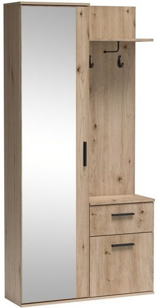 Marmex Möbel Kompaktgarderobe LUX EICHE ARTISAN mit Spiegel und ausziehbarer Kleiderstange für Flur