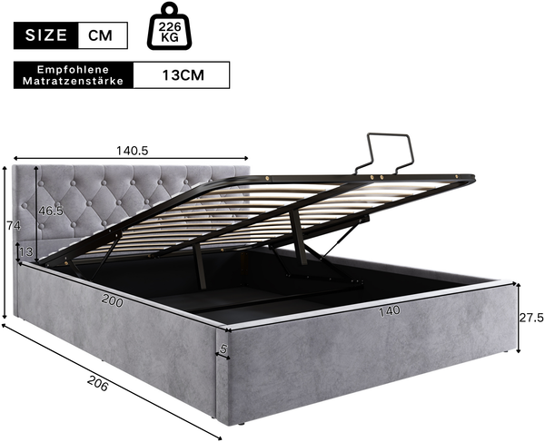 MODFU Polsterbett Doppelbett Holz Bett Funktionsbett Holzbett ohne Matratze Hydraulisch (Bettgestell mit Lattenrost aus Metallrahmen und Bettstauraum, 140 x 200 cm/180 x 200 cm), für Erwachsenen Jugendliche Bild 3