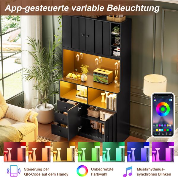 Merax 180 cm Küchenschrank, Hochschrank mit LED, Küchenregal mit Steckdose, Weinregal und Vitrine für Küche & Esszimmer, Schwarz Bild 6